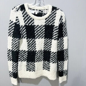 J. Crew Womens Ivory Black Pullover Sweater XS Buffalo Plaid Alpaca Chunky Check